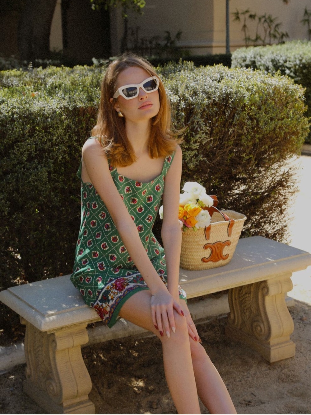WAYF Green Printed Summer Slip Dress with Floral Border